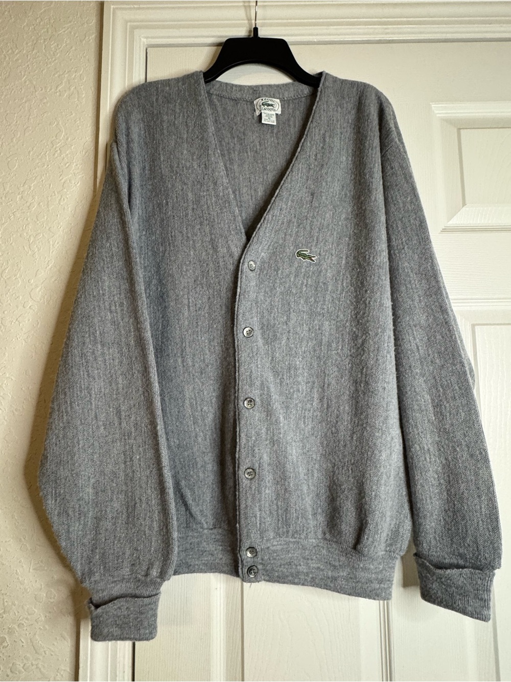 Lacoste vintage 1980’s Men's Gray V-Neck Button-Front Cardigan